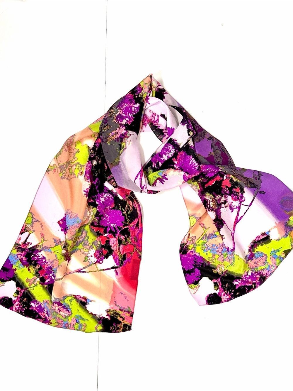 CYNTHIA ROWLEY Silk Oblong Scarf Vibrant Abstract Floral Fuchsia Lime Coral